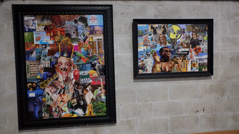 Two collages in carved black frames on a pale block wall: a tall one on the left and a smaller wide one on the right.