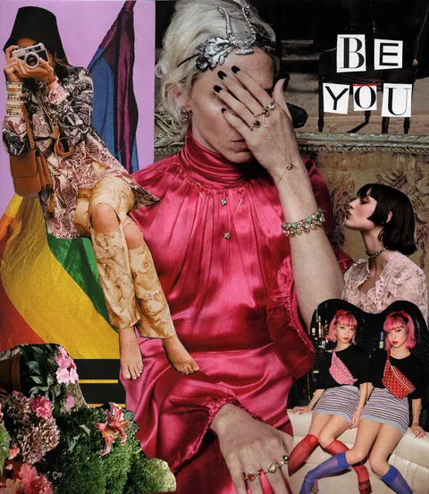 Be You, collage: a woman in pink satin hides her face behind a ringed hand, with a photographer on a rainbow flag and the letters BE YOU.