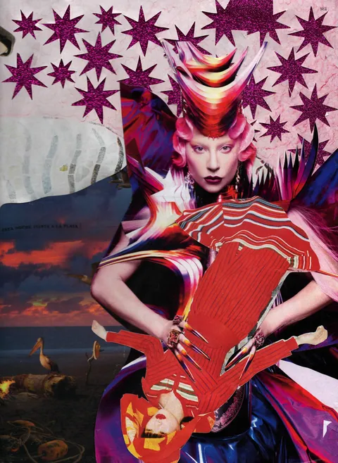 Gaga's Offering, collage: a pink-haired woman in a red horned headpiece holds an upside-down red figure, under purple glitter stars.
