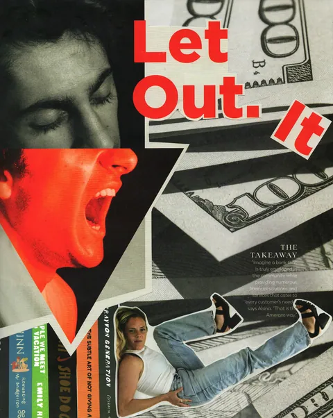 Let Out, collage: a red profile shouting inside a jagged burst, a black-and-white face with closed eyes, banknotes and red letters Let Out.