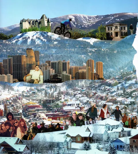 Society, collage: wave-cut bands of snowy mountains, a city skyline and a snow-covered town, dotted with small cut-out people.